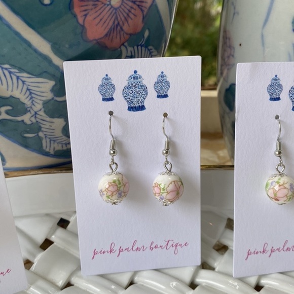 NWT Chinoiserie Dangle Earrings Pink + Green OR Blue + White | Grandmillennial - Picture 1 of 10